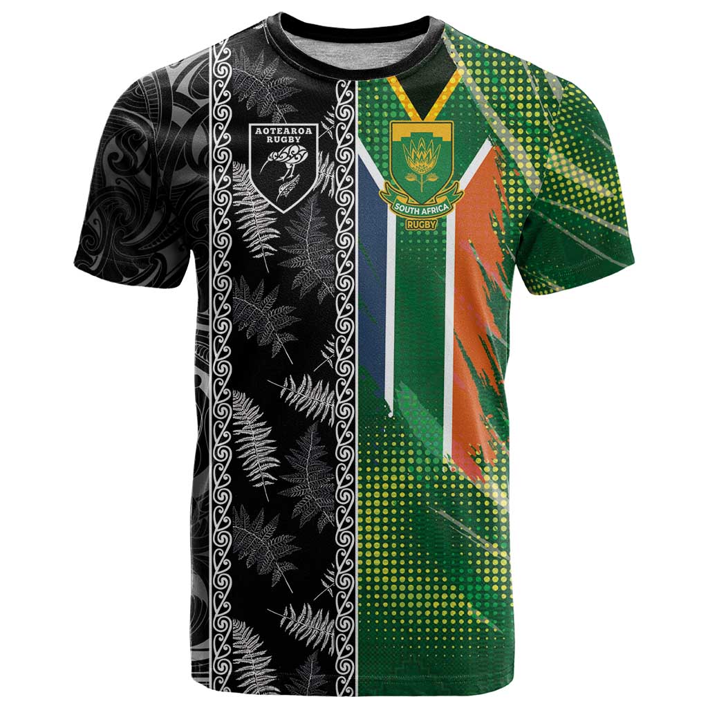 Custom Aotearoa South Africa Rugby Freedom Cup T Shirt Maori Silver Fern Art and Sporty Flag SA - Wonder Print Shop