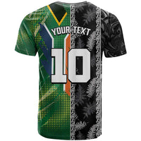 Custom Aotearoa South Africa Rugby Freedom Cup T Shirt Maori Silver Fern Art and Sporty Flag SA - Wonder Print Shop