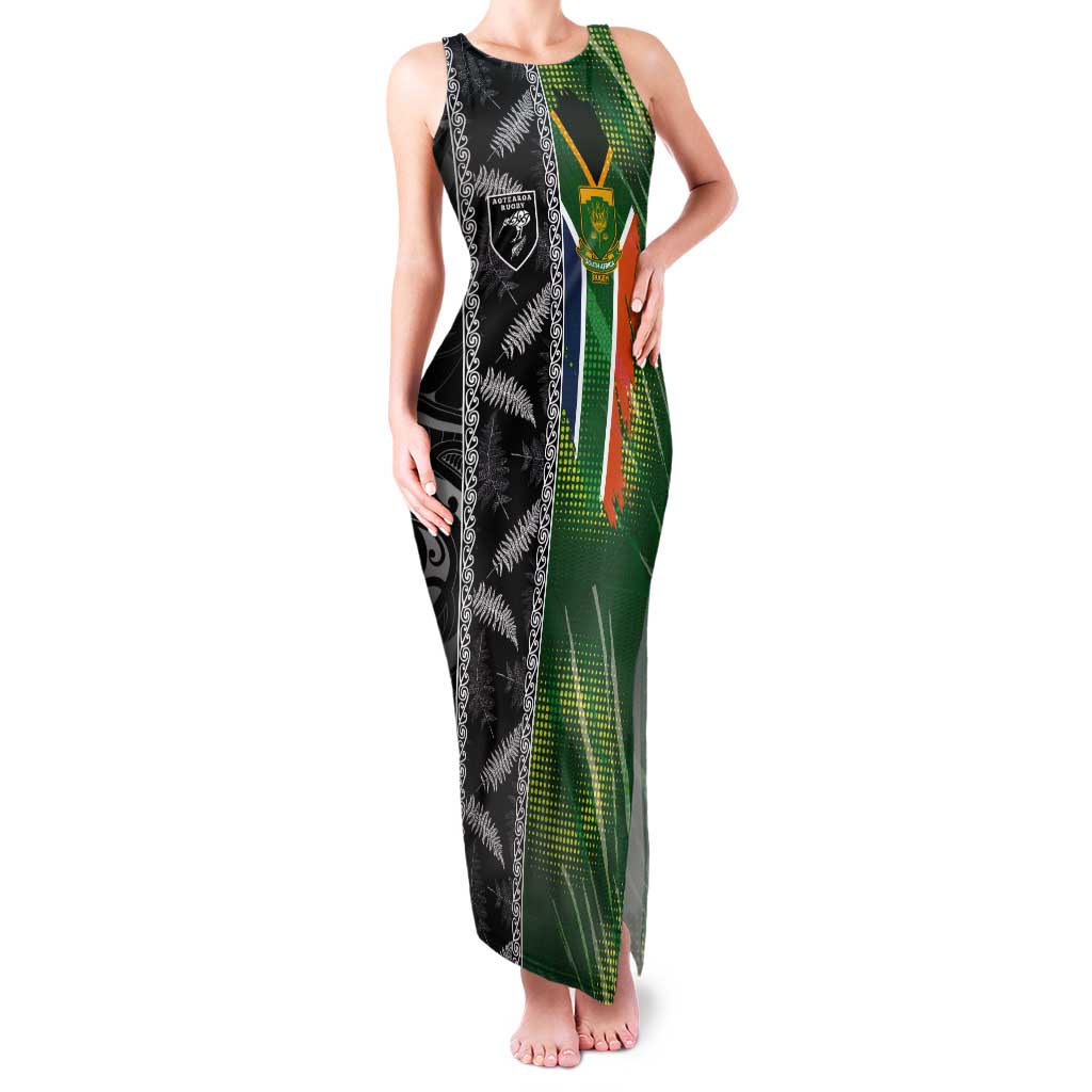 Custom Aotearoa South Africa Rugby Freedom Cup Tank Maxi Dress Maori Silver Fern Art and Sporty Flag SA - Wonder Print Shop