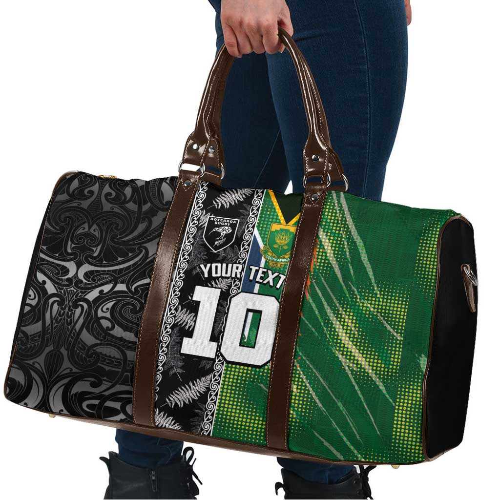 Custom Aotearoa South Africa Rugby Freedom Cup Travel Bag Maori Silver Fern Art and Sporty Flag SA - Wonder Print Shop