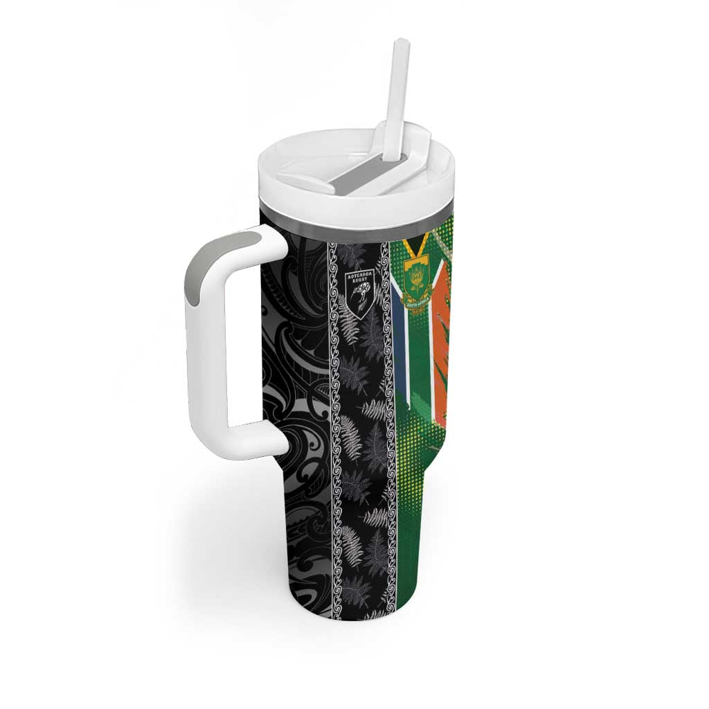 Custom Aotearoa South Africa Rugby Freedom Cup Tumbler With Handle Maori Silver Fern Art and Sporty Flag SA - Wonder Print Shop