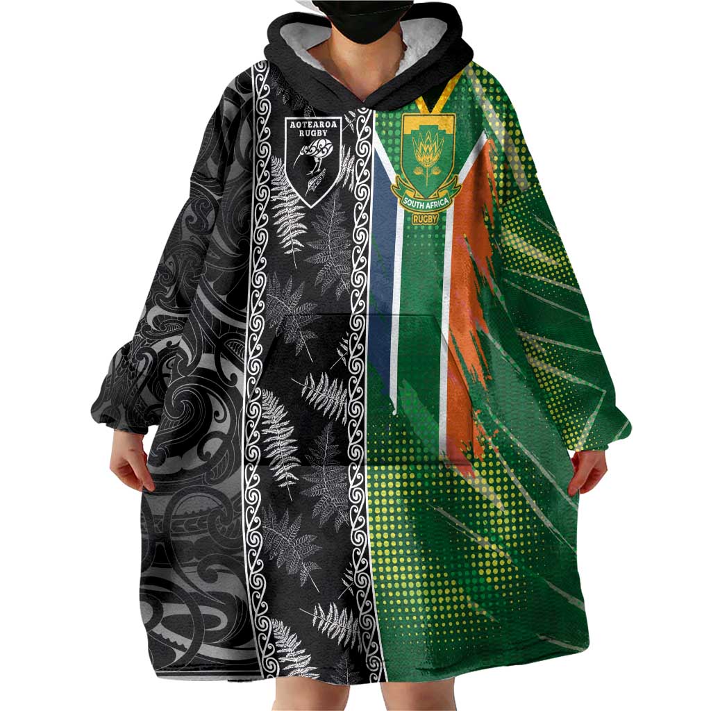Custom Aotearoa South Africa Rugby Freedom Cup Wearable Blanket Hoodie Maori Silver Fern Art and Sporty Flag SA - Wonder Print Shop