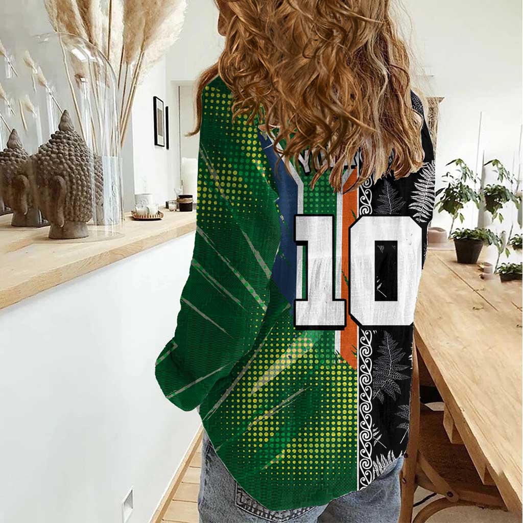 Custom Aotearoa South Africa Rugby Freedom Cup Women Casual Shirt Maori Silver Fern Art and Sporty Flag SA - Wonder Print Shop