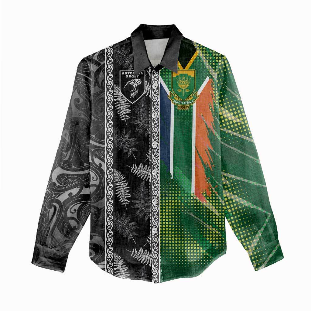 Custom Aotearoa South Africa Rugby Freedom Cup Women Casual Shirt Maori Silver Fern Art and Sporty Flag SA - Wonder Print Shop