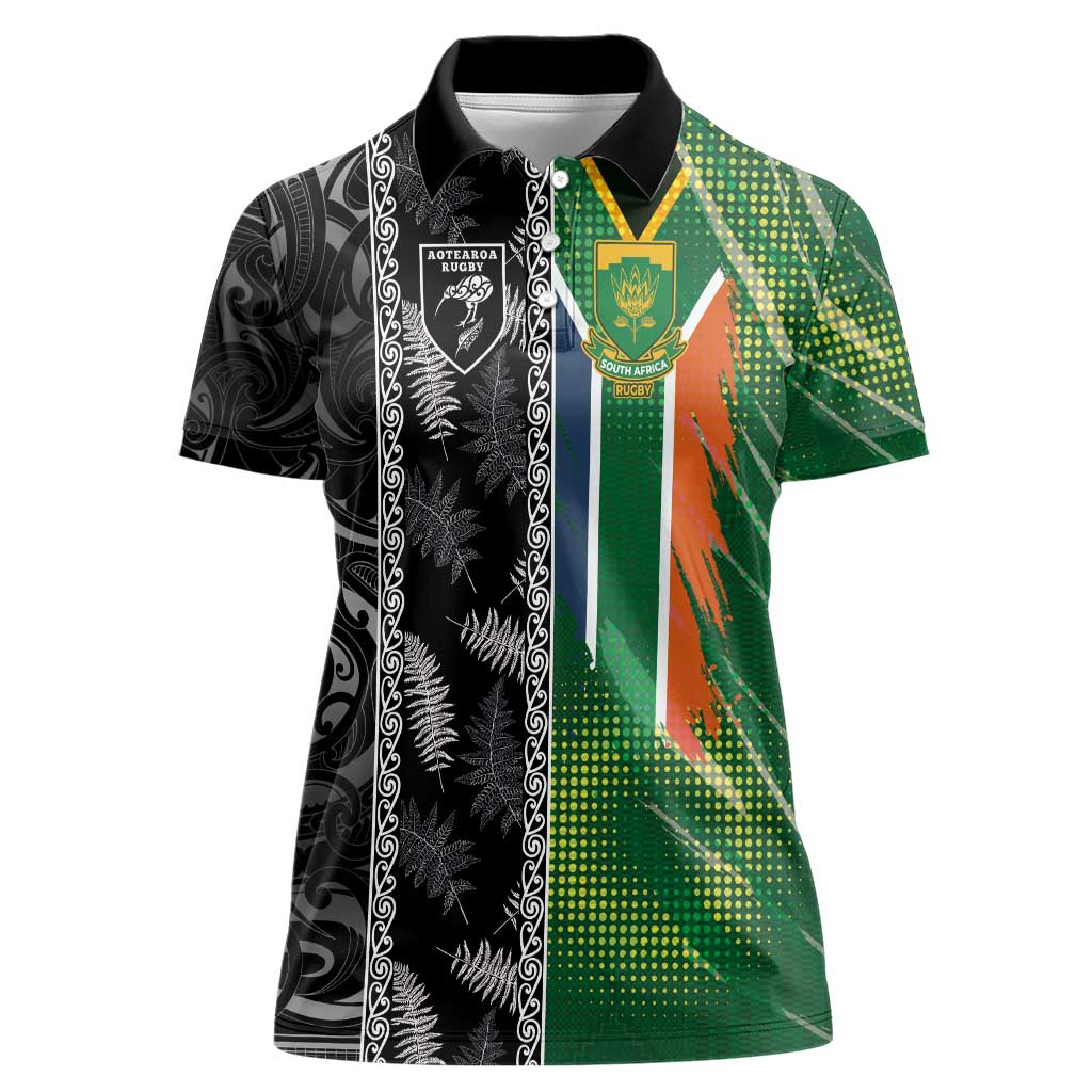 Custom Aotearoa South Africa Rugby Freedom Cup Women Polo Shirt Maori Silver Fern Art and Sporty Flag SA - Wonder Print Shop