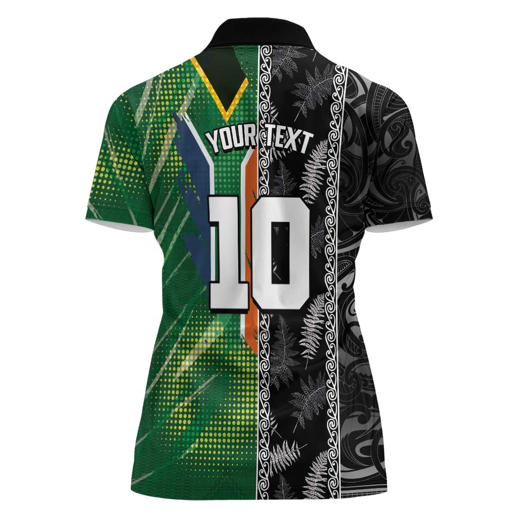 Custom Aotearoa South Africa Rugby Freedom Cup Women Polo Shirt Maori Silver Fern Art and Sporty Flag SA - Wonder Print Shop
