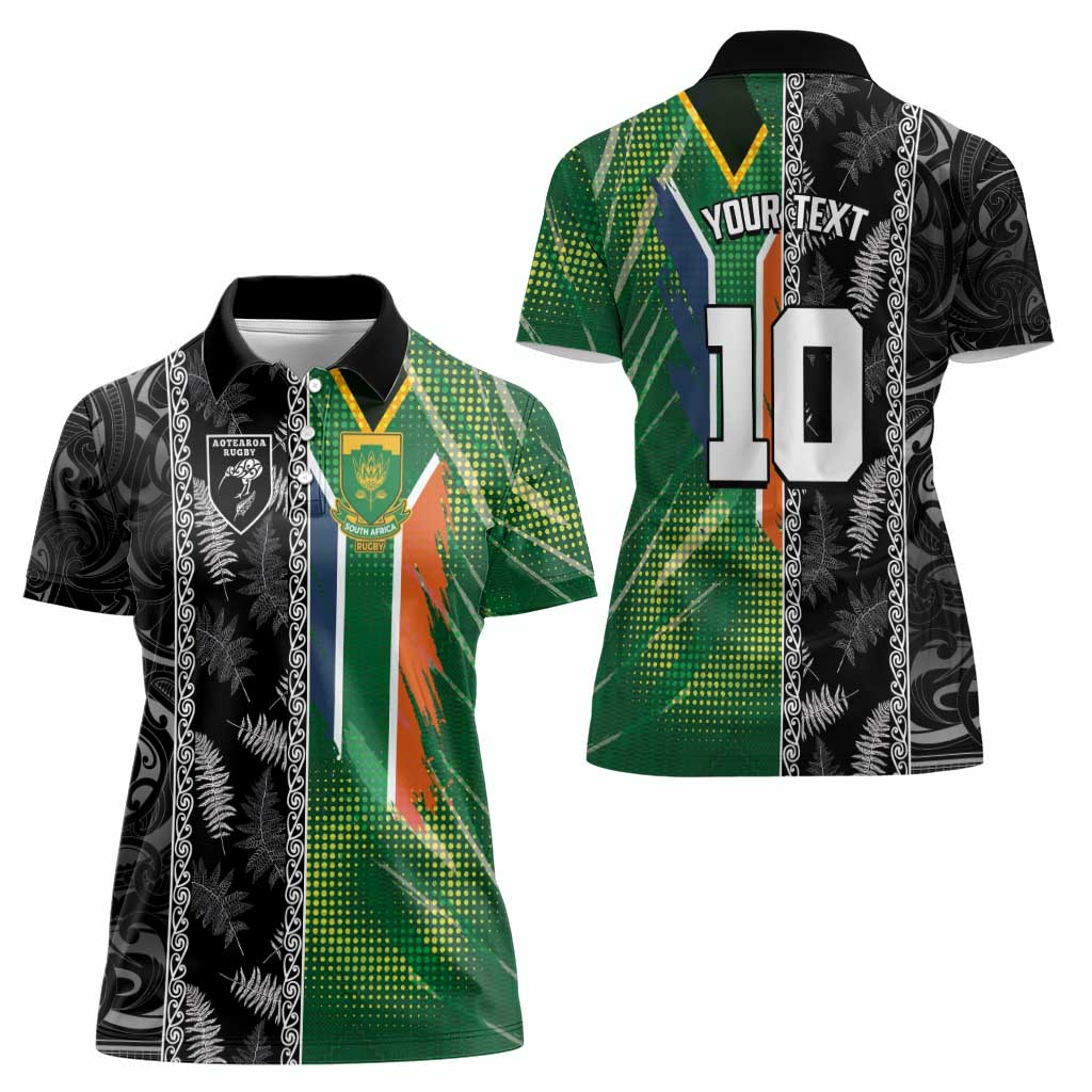 Custom Aotearoa South Africa Rugby Freedom Cup Women Polo Shirt Maori Silver Fern Art and Sporty Flag SA - Wonder Print Shop