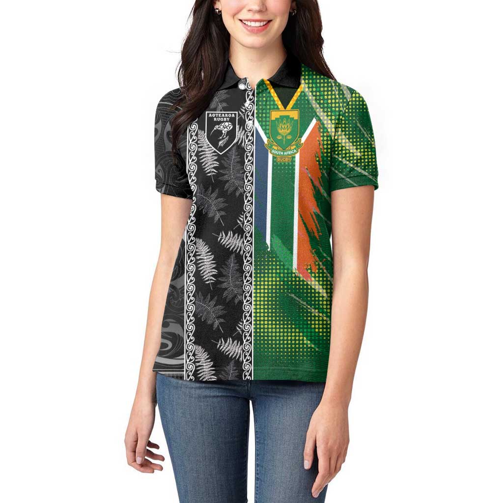 Custom Aotearoa South Africa Rugby Freedom Cup Women Polo Shirt Maori Silver Fern Art and Sporty Flag SA - Wonder Print Shop