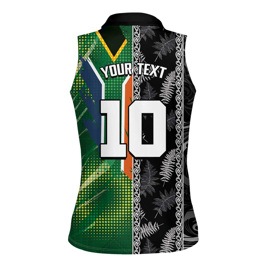 Custom Aotearoa South Africa Rugby Freedom Cup Women Sleeveless Polo Shirt Maori Silver Fern Art and Sporty Flag SA - Wonder Print Shop