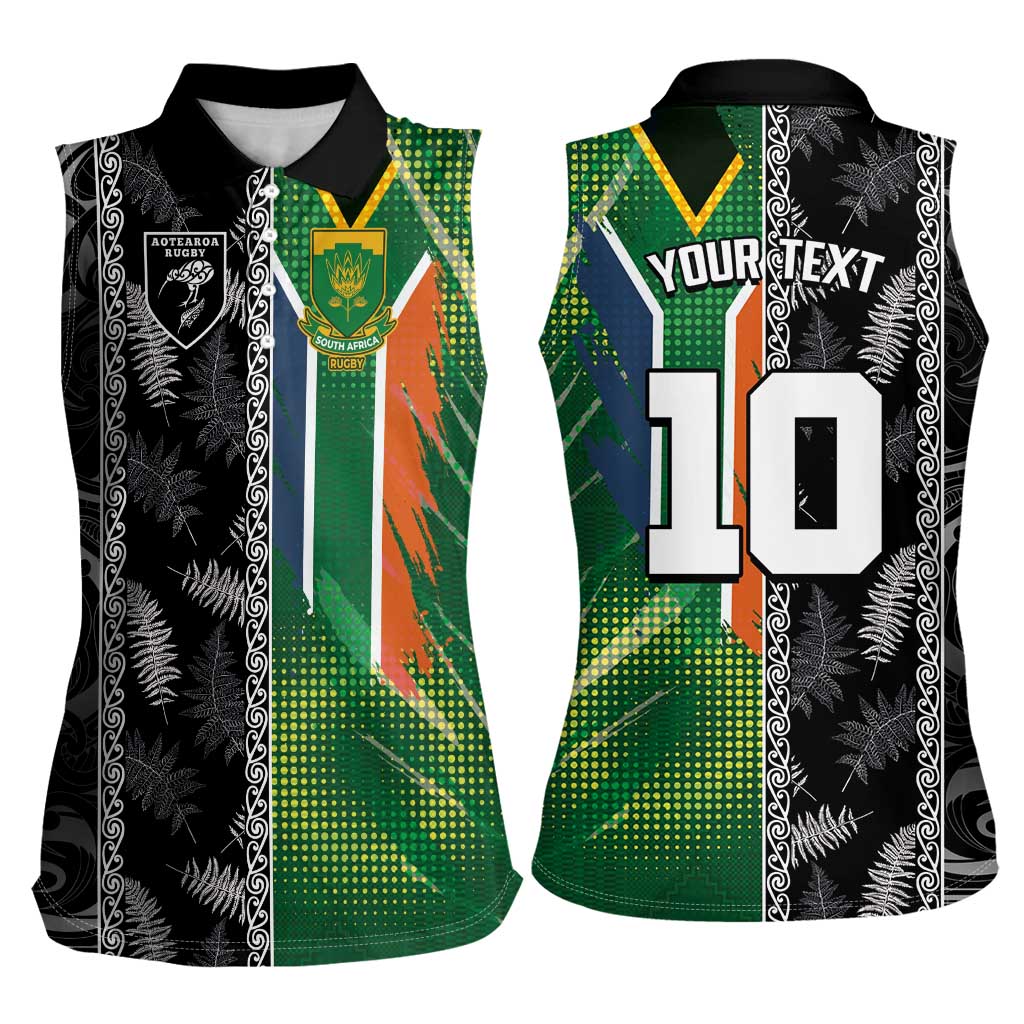 Custom Aotearoa South Africa Rugby Freedom Cup Women Sleeveless Polo Shirt Maori Silver Fern Art and Sporty Flag SA - Wonder Print Shop
