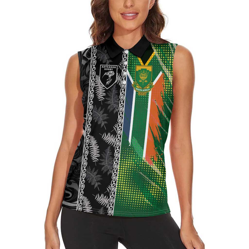 Custom Aotearoa South Africa Rugby Freedom Cup Women Sleeveless Polo Shirt Maori Silver Fern Art and Sporty Flag SA - Wonder Print Shop