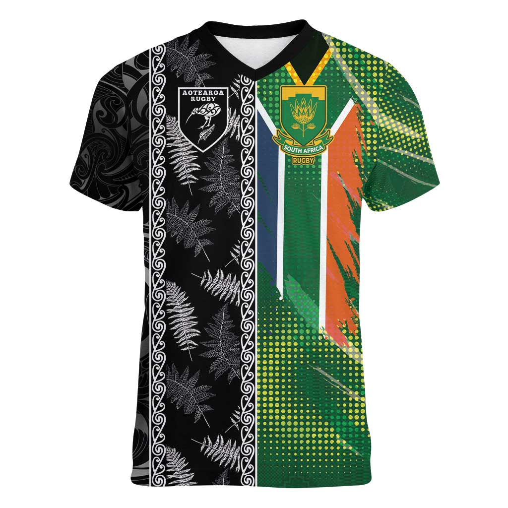 Custom Aotearoa South Africa Rugby Freedom Cup Women V-Neck T-Shirt Maori Silver Fern Art and Sporty Flag SA - Wonder Print Shop