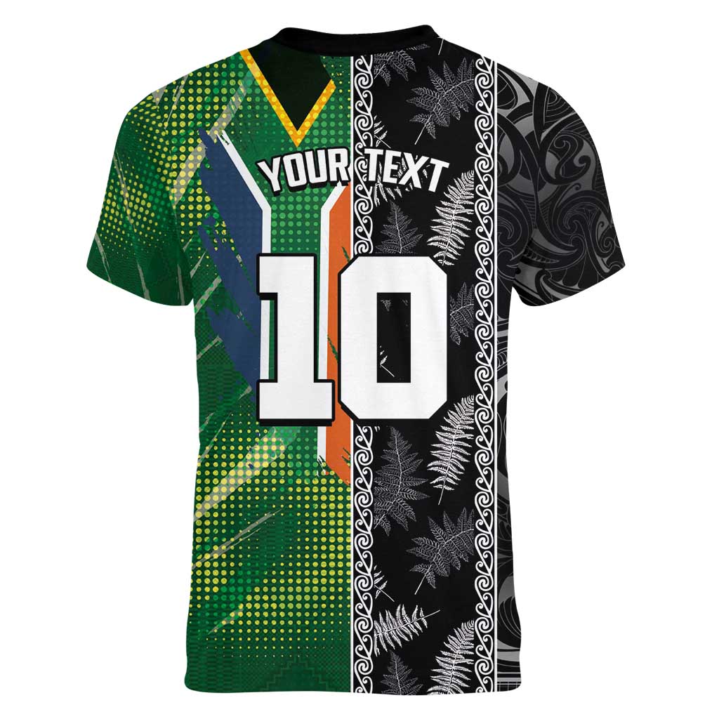 Custom Aotearoa South Africa Rugby Freedom Cup Women V-Neck T-Shirt Maori Silver Fern Art and Sporty Flag SA - Wonder Print Shop