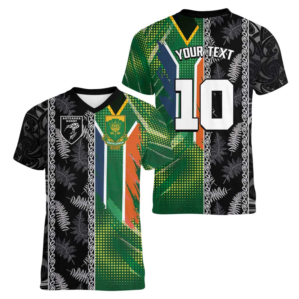 Custom Aotearoa South Africa Rugby Freedom Cup Women V-Neck T-Shirt Maori Silver Fern Art and Sporty Flag SA - Wonder Print Shop