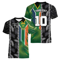 Custom Aotearoa South Africa Rugby Freedom Cup Women V-Neck T-Shirt Maori Silver Fern Art and Sporty Flag SA - Wonder Print Shop