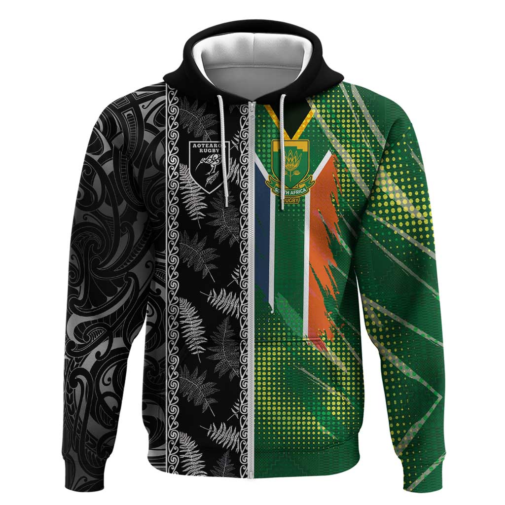Custom Aotearoa South Africa Rugby Freedom Cup Zip Hoodie Maori Silver Fern Art and Sporty Flag SA - Wonder Print Shop