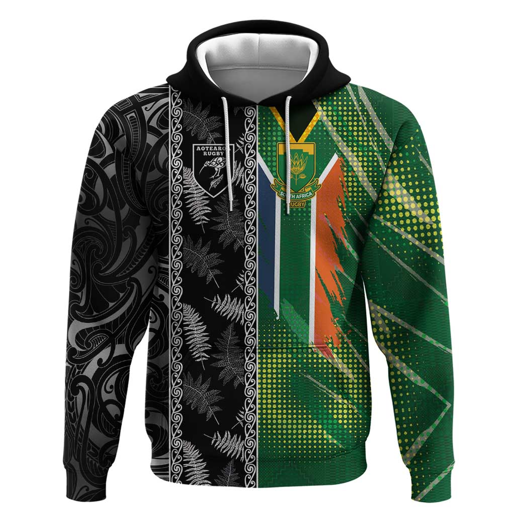 Custom Aotearoa South Africa Rugby Freedom Cup Zip Hoodie Maori Silver Fern Art and Sporty Flag SA - Wonder Print Shop