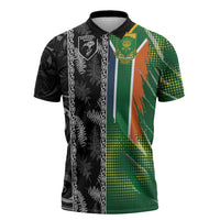 Custom Aotearoa South Africa Rugby Freedom Cup Zipper Polo Shirt Maori Silver Fern Art and Sporty Flag SA - Wonder Print Shop