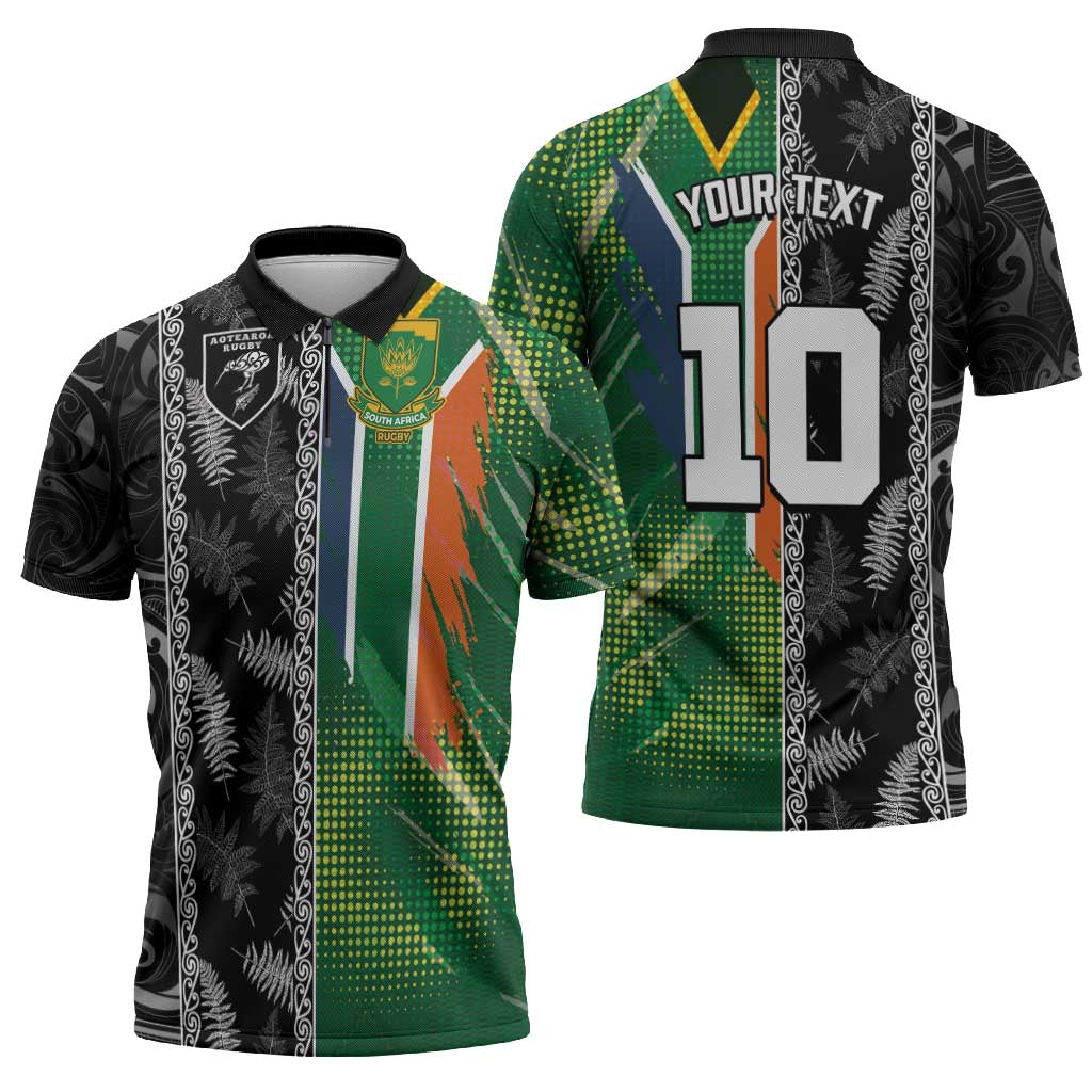 Custom Aotearoa South Africa Rugby Freedom Cup Zipper Polo Shirt Maori Silver Fern Art and Sporty Flag SA - Wonder Print Shop