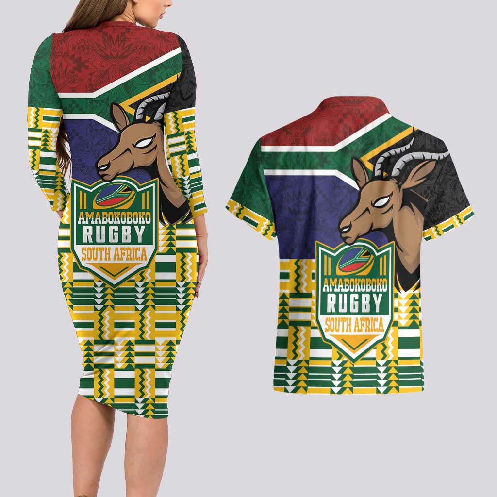 South Africa Rugby Couples Matching Long Sleeve Bodycon Dress and Hawaiian Shirt Go Bokke-Amabokoboko Spirit - Wonder Print Shop