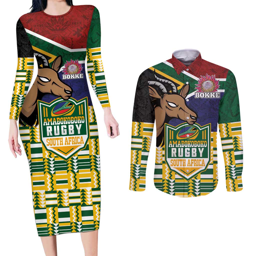 South Africa Rugby Couples Matching Long Sleeve Bodycon Dress and Long Sleeve Button Shirt Go Bokke-Amabokoboko Spirit - Wonder Print Shop