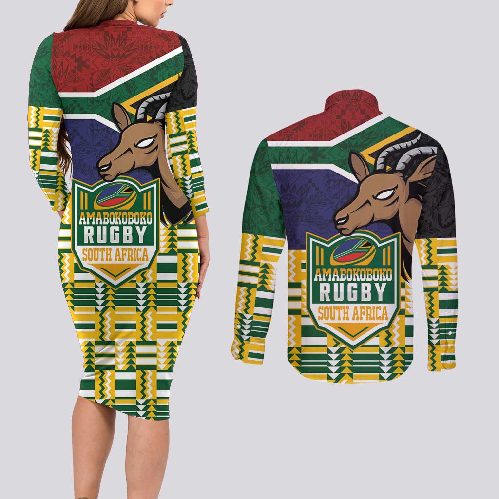 South Africa Rugby Couples Matching Long Sleeve Bodycon Dress and Long Sleeve Button Shirt Go Bokke-Amabokoboko Spirit - Wonder Print Shop