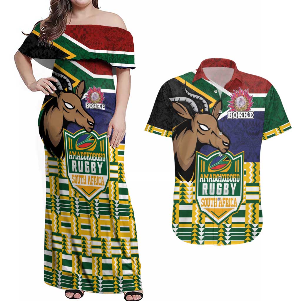 South Africa Rugby Couples Matching Off Shoulder Maxi Dress and Hawaiian Shirt Go Bokke-Amabokoboko Spirit - Wonder Print Shop