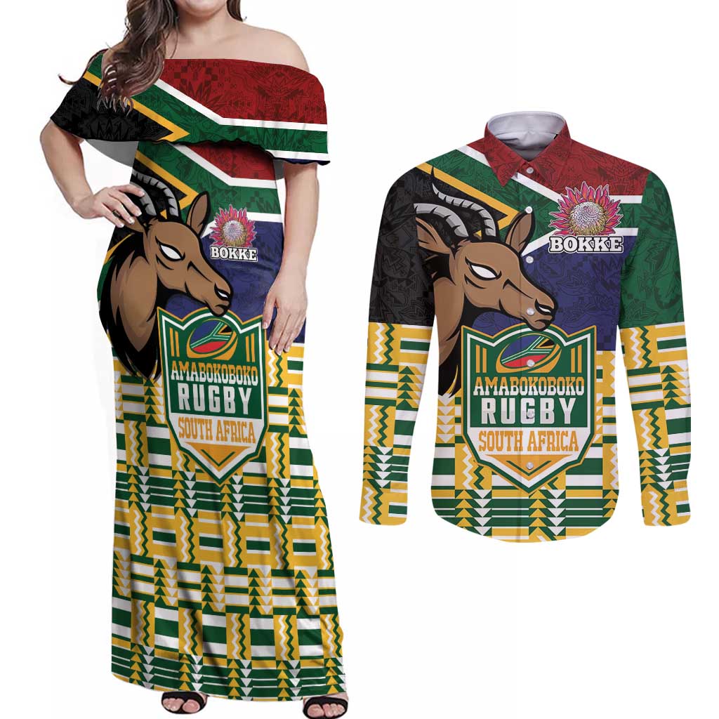 South Africa Rugby Couples Matching Off Shoulder Maxi Dress and Long Sleeve Button Shirt Go Bokke-Amabokoboko Spirit - Wonder Print Shop