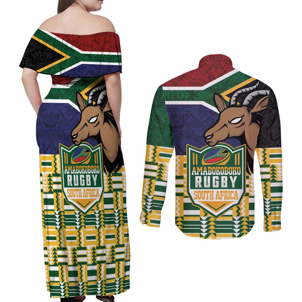 South Africa Rugby Couples Matching Off Shoulder Maxi Dress and Long Sleeve Button Shirt Go Bokke-Amabokoboko Spirit - Wonder Print Shop