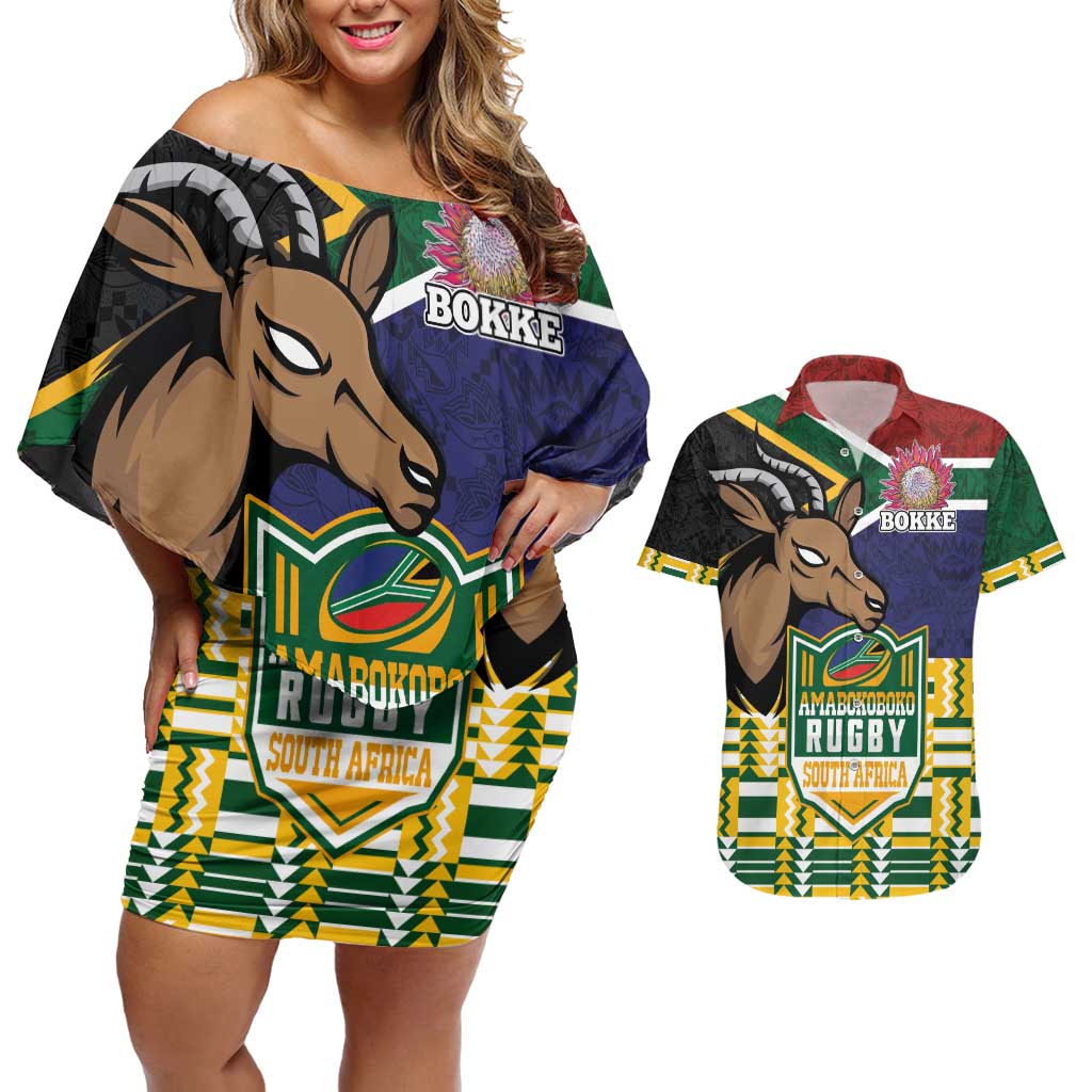 South Africa Rugby Couples Matching Off Shoulder Short Dress and Hawaiian Shirt Go Bokke-Amabokoboko Spirit - Wonder Print Shop