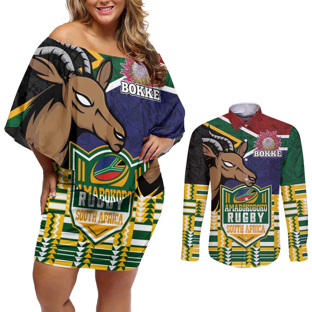 South Africa Rugby Couples Matching Off Shoulder Short Dress and Long Sleeve Button Shirt Go Bokke-Amabokoboko Spirit - Wonder Print Shop