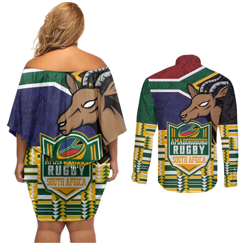 South Africa Rugby Couples Matching Off Shoulder Short Dress and Long Sleeve Button Shirt Go Bokke-Amabokoboko Spirit - Wonder Print Shop