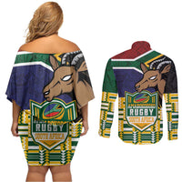 South Africa Rugby Couples Matching Off Shoulder Short Dress and Long Sleeve Button Shirt Go Bokke-Amabokoboko Spirit - Wonder Print Shop