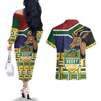 South Africa Rugby Couples Matching Off The Shoulder Long Sleeve Dress and Hawaiian Shirt Go Bokke-Amabokoboko Spirit - Wonder Print Shop