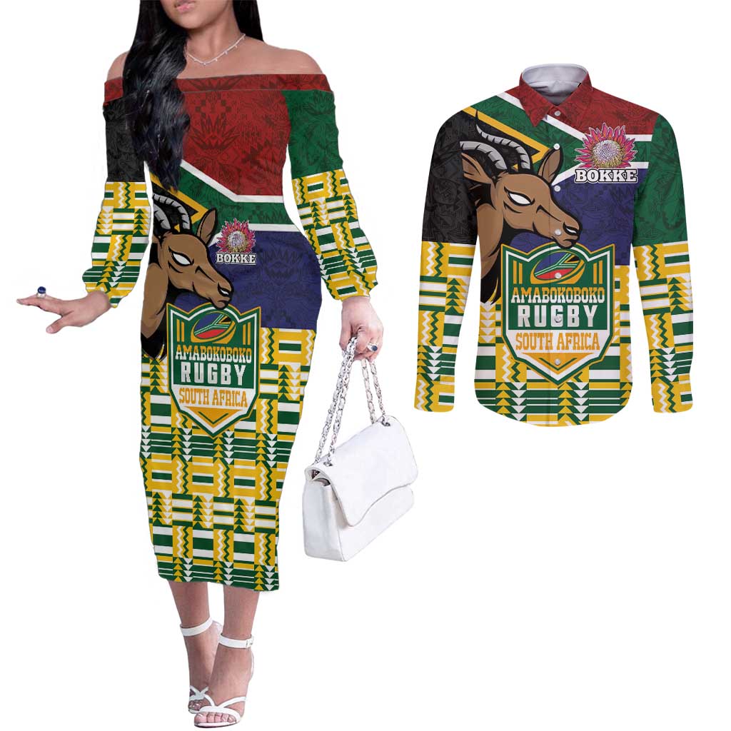 South Africa Rugby Couples Matching Off The Shoulder Long Sleeve Dress and Long Sleeve Button Shirt Go Bokke-Amabokoboko Spirit - Wonder Print Shop