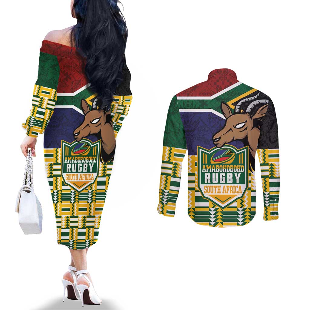 South Africa Rugby Couples Matching Off The Shoulder Long Sleeve Dress and Long Sleeve Button Shirt Go Bokke-Amabokoboko Spirit - Wonder Print Shop
