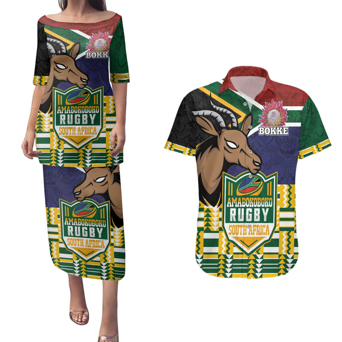 South Africa Rugby Couples Matching Puletasi and Hawaiian Shirt Go Bokke-Amabokoboko Spirit - Wonder Print Shop