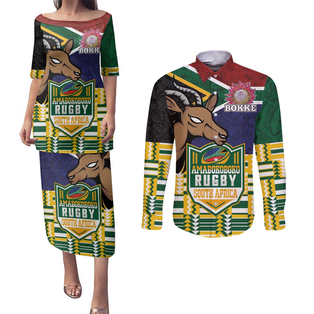 South Africa Rugby Couples Matching Puletasi and Long Sleeve Button Shirt Go Bokke-Amabokoboko Spirit - Wonder Print Shop