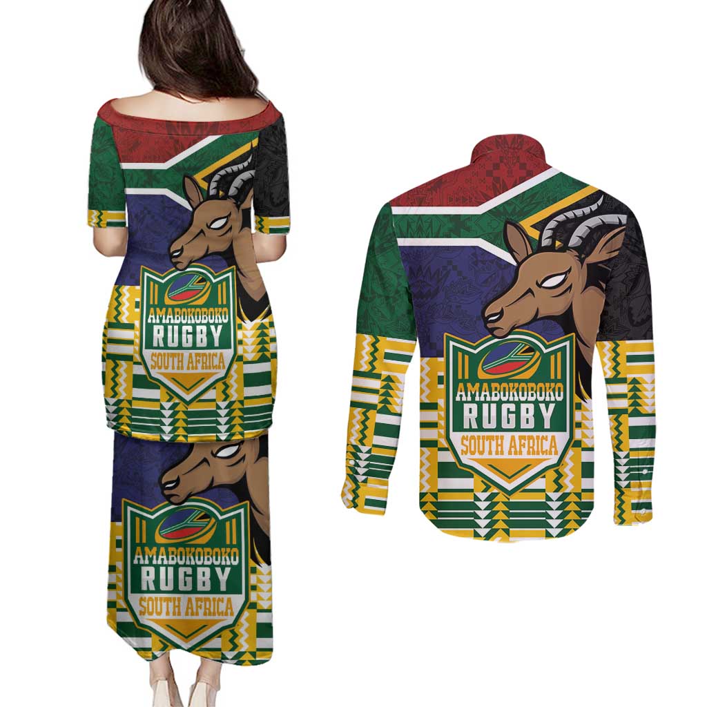 South Africa Rugby Couples Matching Puletasi and Long Sleeve Button Shirt Go Bokke-Amabokoboko Spirit - Wonder Print Shop
