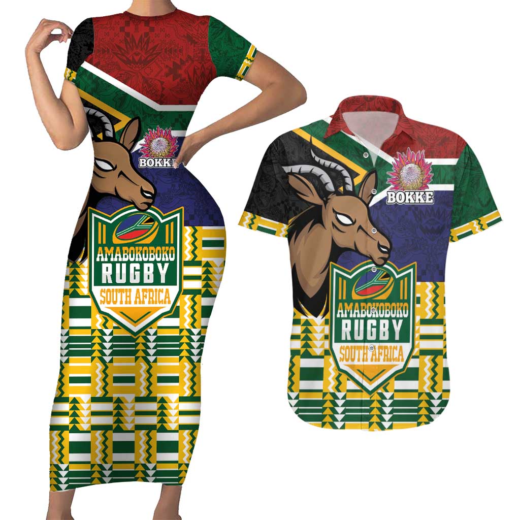 South Africa Rugby Couples Matching Short Sleeve Bodycon Dress and Hawaiian Shirt Go Bokke-Amabokoboko Spirit - Wonder Print Shop