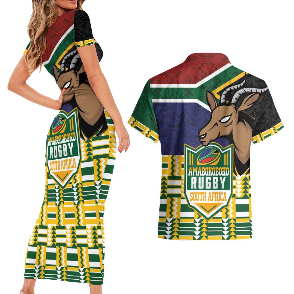 South Africa Rugby Couples Matching Short Sleeve Bodycon Dress and Hawaiian Shirt Go Bokke-Amabokoboko Spirit - Wonder Print Shop