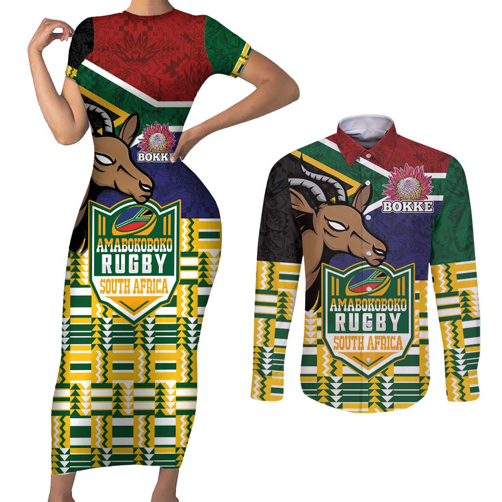 South Africa Rugby Couples Matching Short Sleeve Bodycon Dress and Long Sleeve Button Shirt Go Bokke-Amabokoboko Spirit - Wonder Print Shop