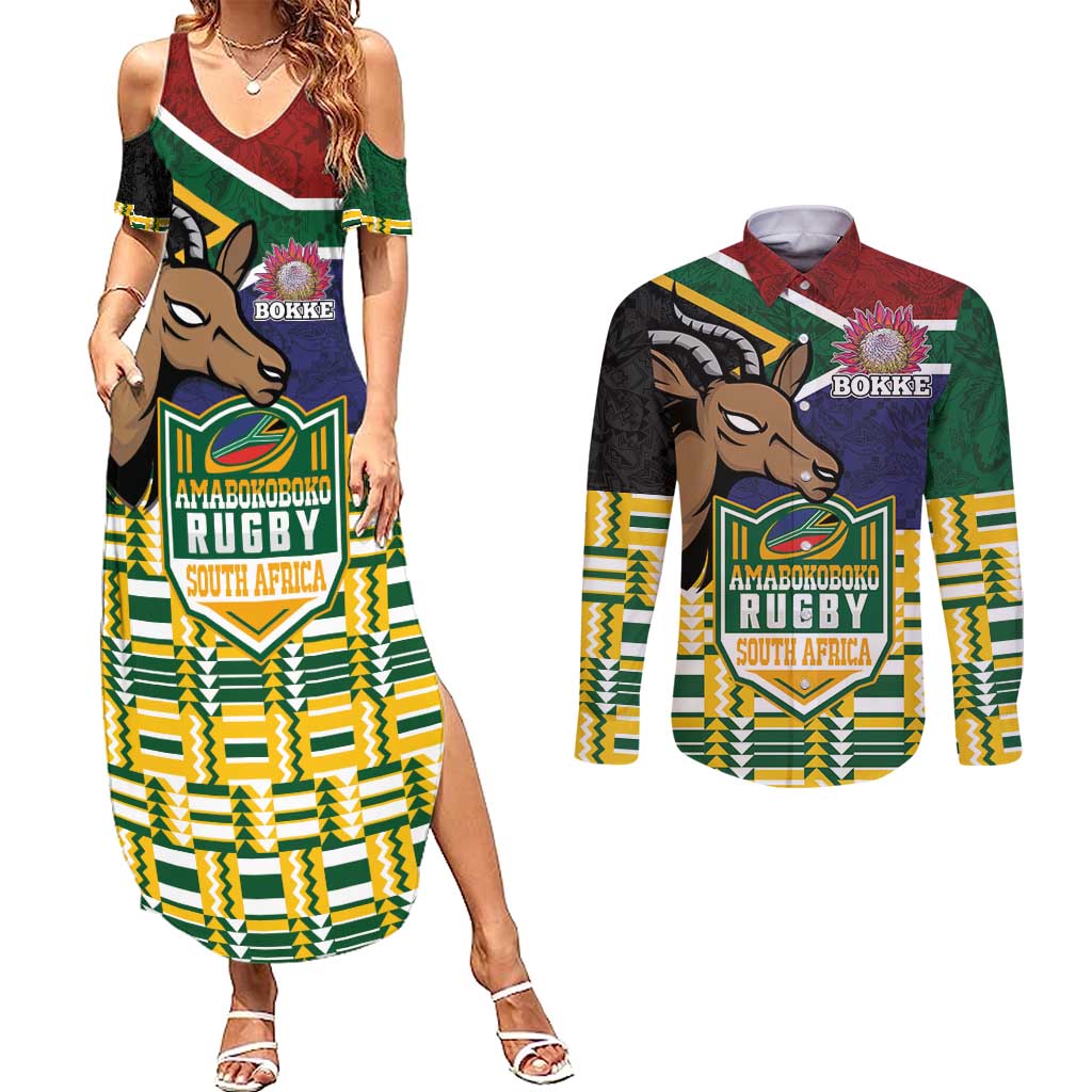 South Africa Rugby Couples Matching Summer Maxi Dress and Long Sleeve Button Shirt Go Bokke-Amabokoboko Spirit - Wonder Print Shop