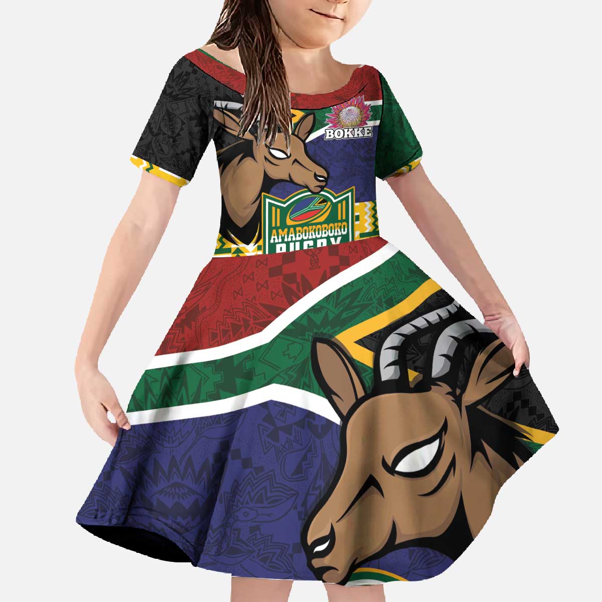 South Africa Rugby Family Matching Off The Shoulder Long Sleeve Dress and Hawaiian Shirt Go Bokke-Amabokoboko Spirit - Wonder Print Shop