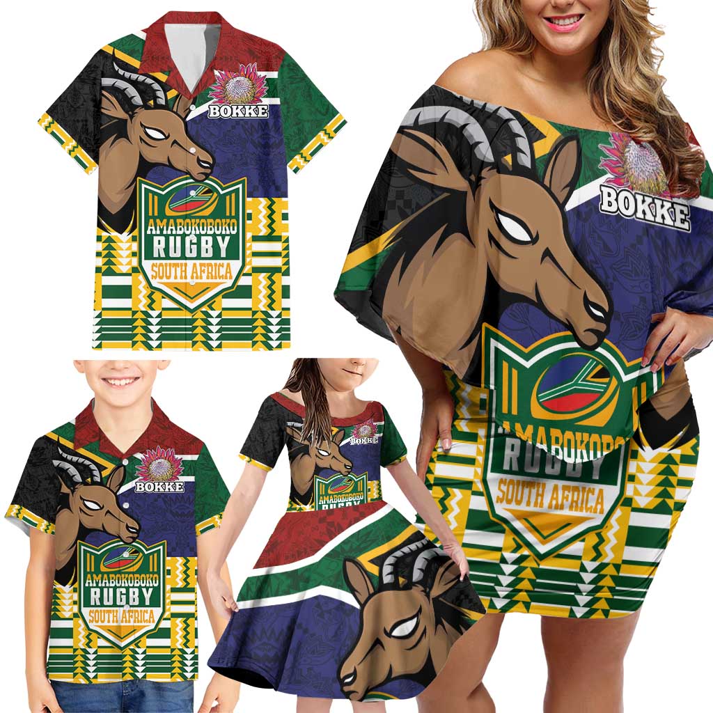 South Africa Rugby Family Matching Off Shoulder Short Dress and Hawaiian Shirt Go Bokke-Amabokoboko Spirit - Wonder Print Shop