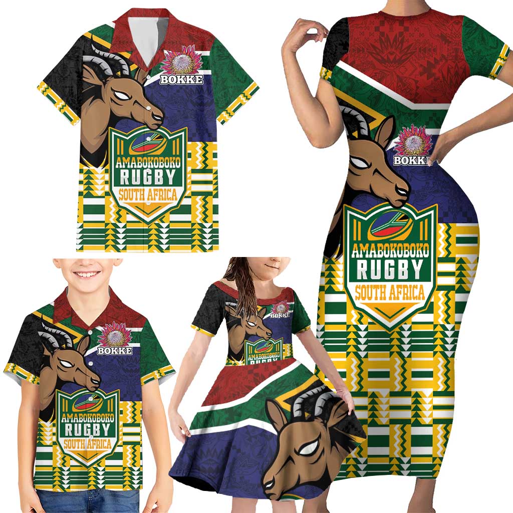 South Africa Rugby Family Matching Short Sleeve Bodycon Dress and Hawaiian Shirt Go Bokke-Amabokoboko Spirit - Wonder Print Shop