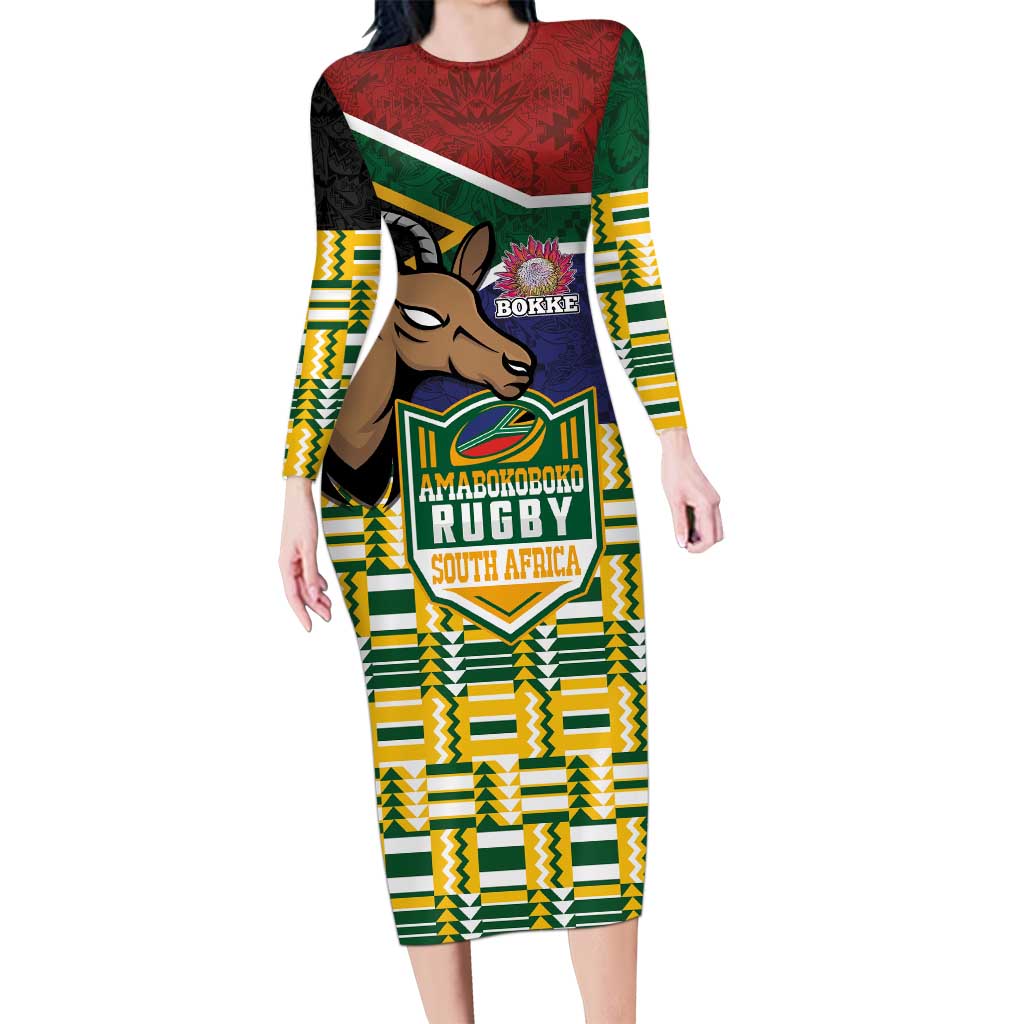 South Africa Rugby Long Sleeve Bodycon Dress Go Bokke-Amabokoboko Spirit - Wonder Print Shop