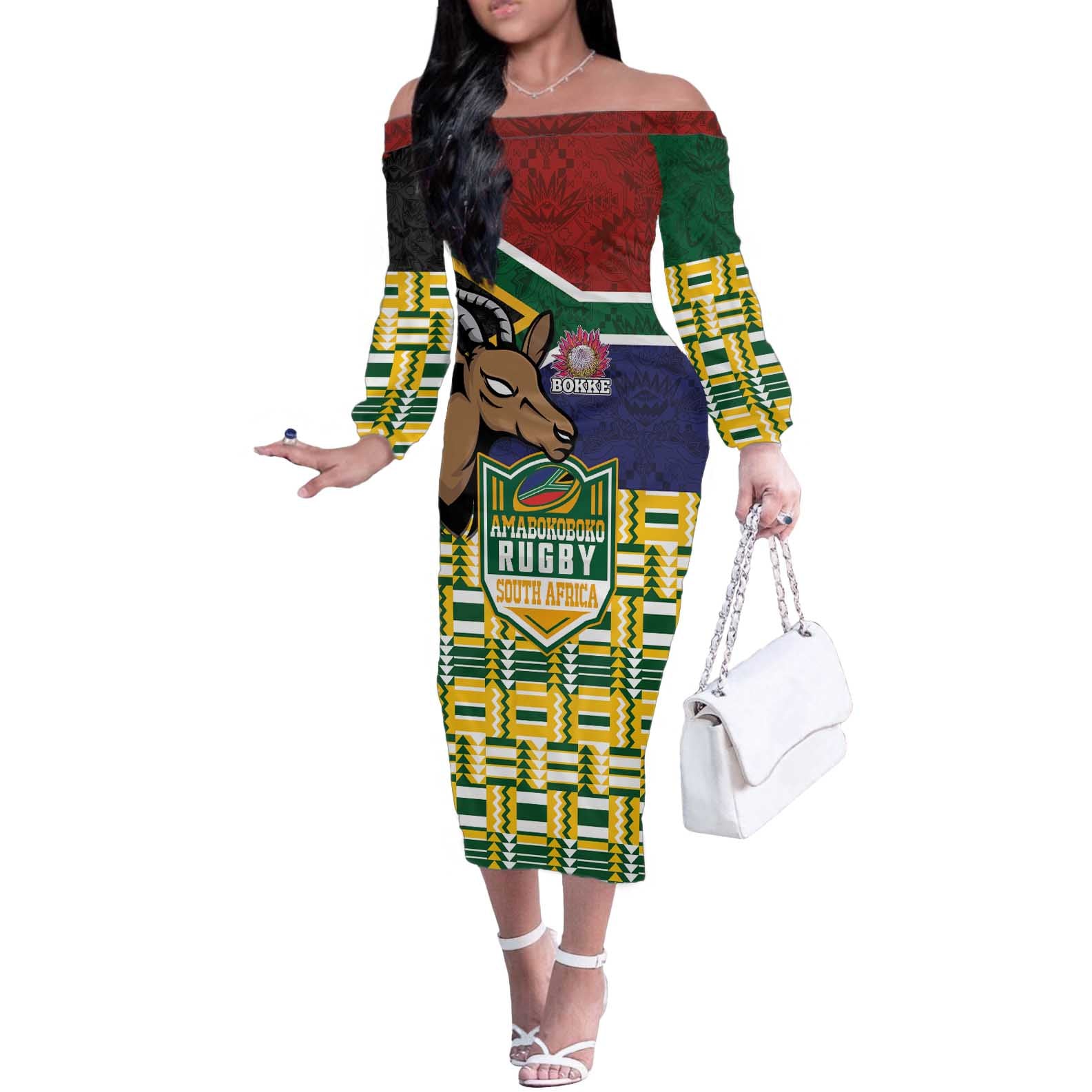 South Africa Rugby Off The Shoulder Long Sleeve Dress Go Bokke-Amabokoboko Spirit - Wonder Print Shop
