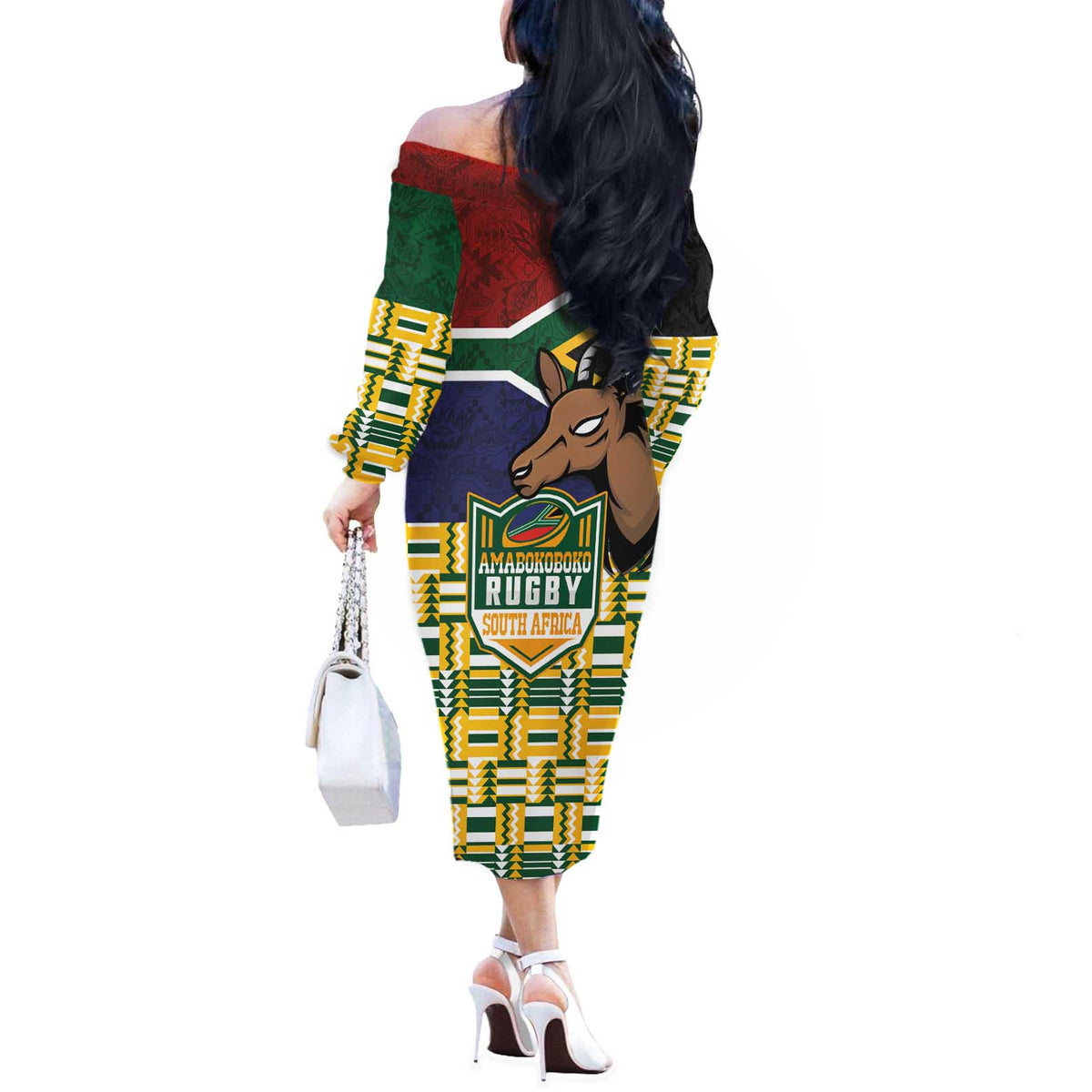 South Africa Rugby Off The Shoulder Long Sleeve Dress Go Bokke-Amabokoboko Spirit - Wonder Print Shop