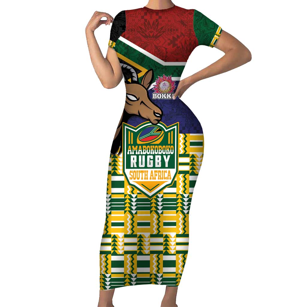 South Africa Rugby Short Sleeve Bodycon Dress Go Bokke-Amabokoboko Spirit - Wonder Print Shop